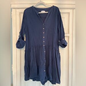 Navy Button-Front Gauze Shirt Dress